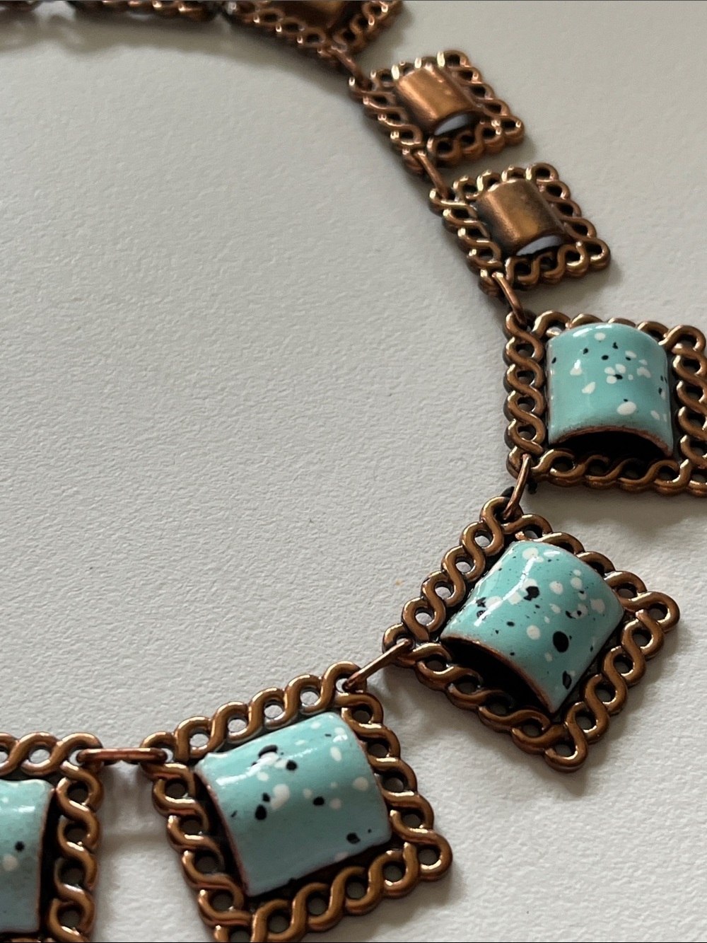 Vintage Mid-Century Copper Enamel Necklace Turquoise Speckled Squares 1950s - Picture 4 of 12